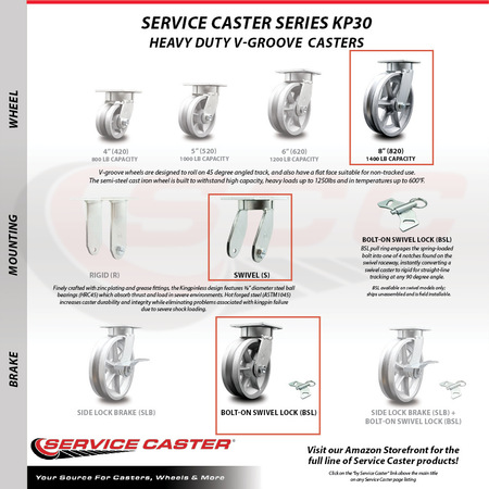 Service Caster 8 Inch Kingpinless V Groove Semi Steel Wheel Caster Swivel Locks 2 Rigid, 2PK SCC-KP30S820-VGR-BSL-2-R-2